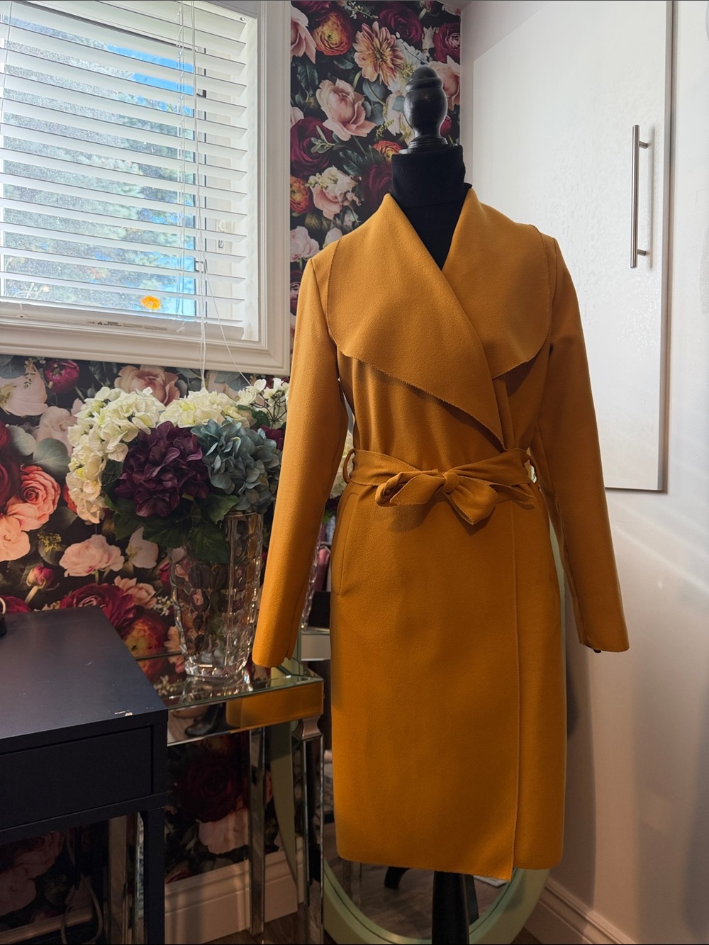 Women's Mustard Wrap Belted Long-Sleeve Dress Coat